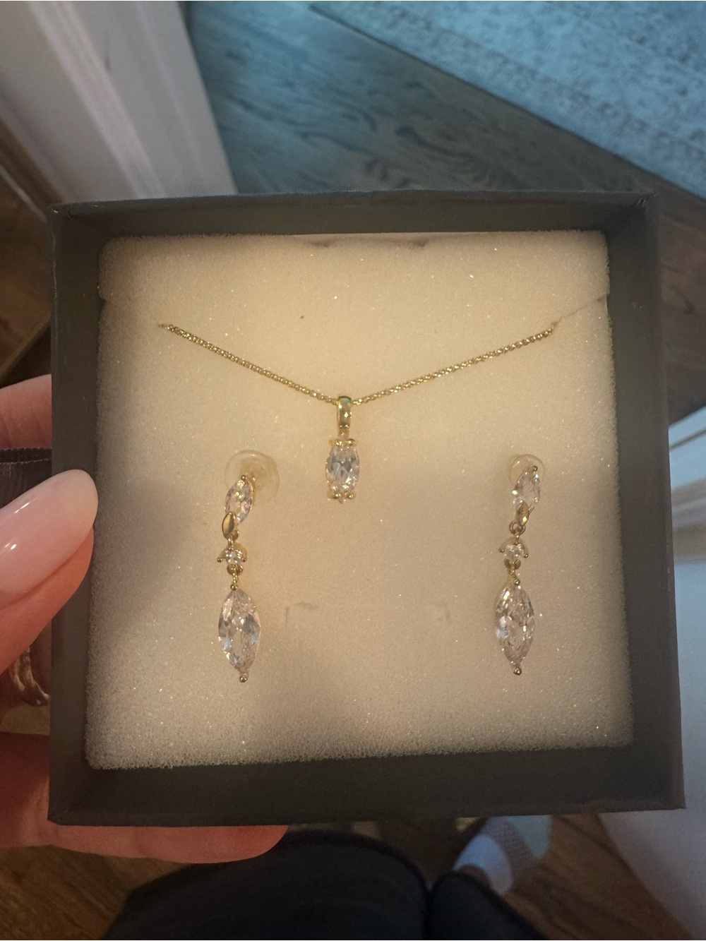 Gold CZ Pendant Necklace and Drop Earrings Set - Clear Crystal